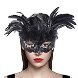 Cranight Venezianische Maske Damen Herren, Maskenball Masquerade Mask, Schwarze Federmaske Rabenmaske für Karneval Fasching Halloween Cosplay Kostüm...