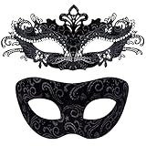 SIQUK 2 Stück Venezianische Maske Paar Maskerade Mask Venezianischen Maske Kostüm Masken für Damen Herren Halloween Karneval Party, Schwarz