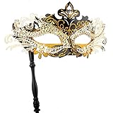 Hoshin Maskenmaske mit Stock, Mardi Gras Deecorations Venezianische Masken für Damen (Schwarz mit Goldener Linie)