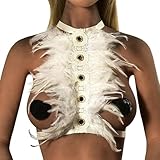 Gefomuofe Feder Dessous Sexy Transparent Spitze BH mit Kette Sets 2 Stück Set Kostüme Frauen Federn Body Harness Punk Gothic Dessous Strumpfband...