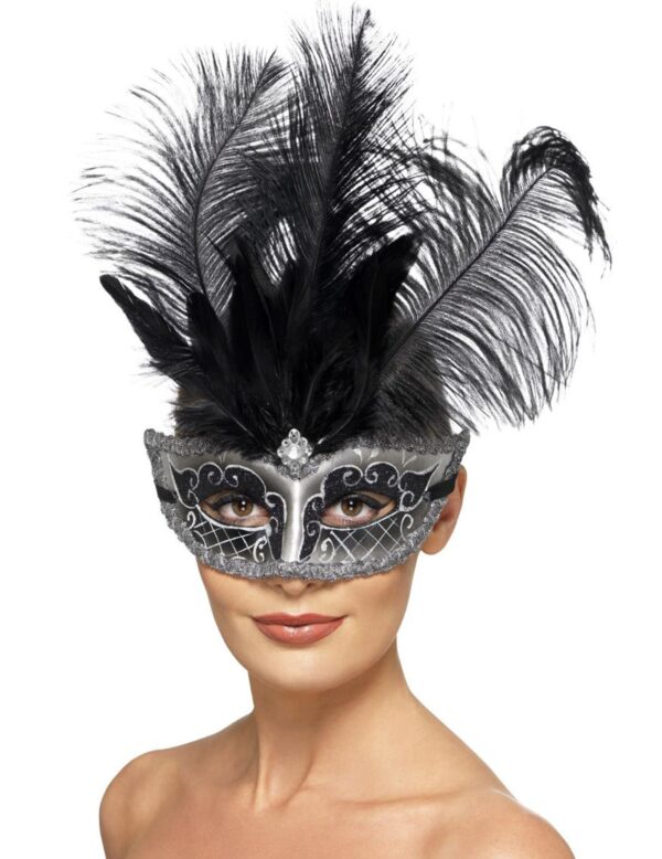 Venezianische Maske für Damen mit Federn Karnevals-Accessoire schwarz