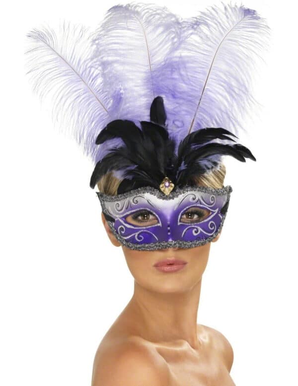 Venezianische Maske mit Federn lila