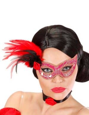 Venezianische Maske mit Federn und Rose bunt